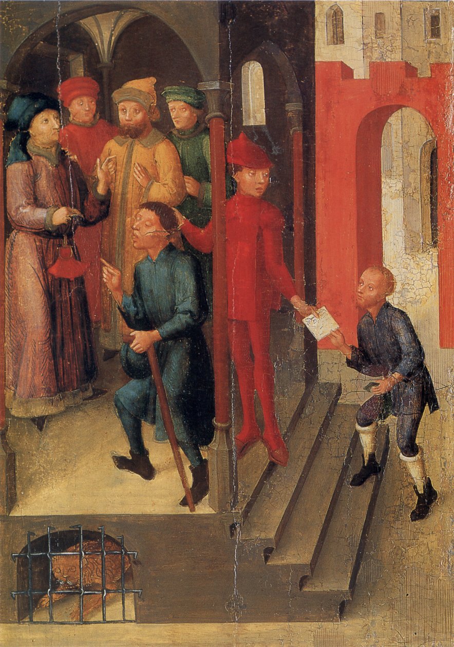 Weingartener Heilig-Blut-Tafel z 1489 r. Landesmuseum Württemberg, Stuttgart.   Tablica 10: Adilbero przekazuje boskie objawienie notabli z Mantui (według legendy w 1048 r.) autorstwa Unknown