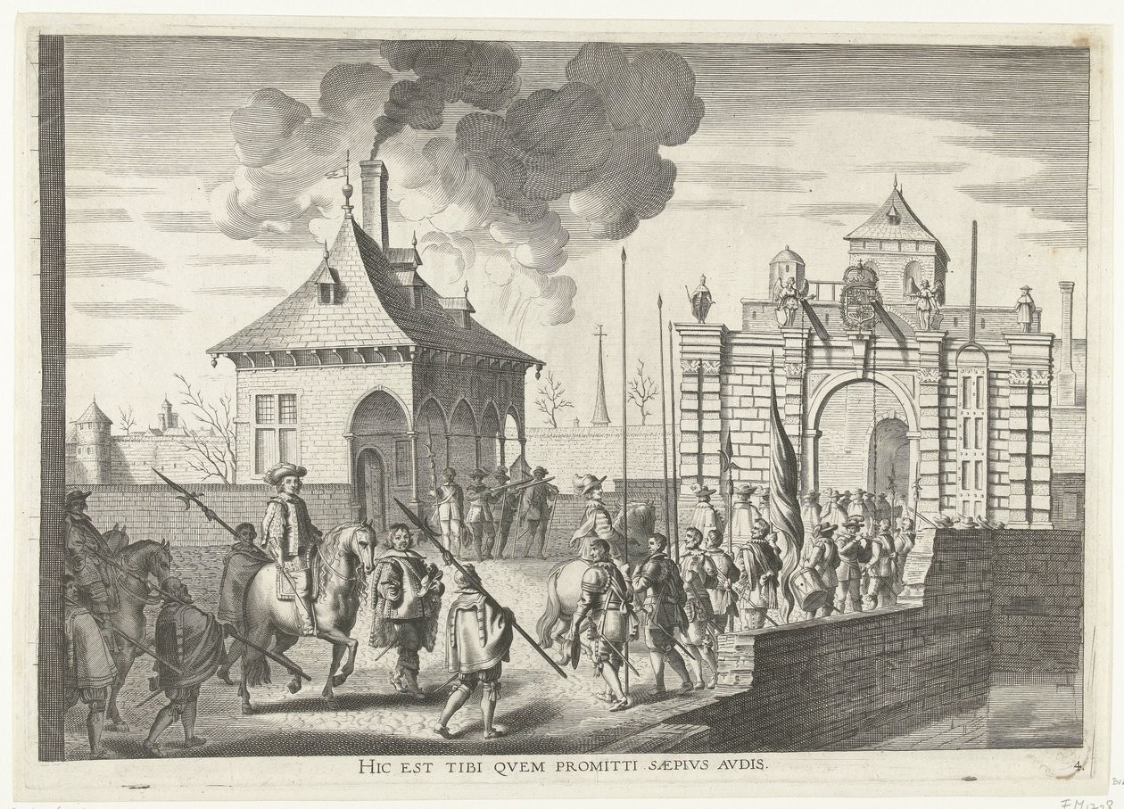 Aankomst bij de Brugse portt van Gent; incht van Ferdinand te Gent w 1635 (nr 4) Oto ten, który często słyszysz obiecany (tytuł na obiekcie) Brama Brugens, gdzie Ser. Kardynał wszedł do miasta autorstwa Anonymous