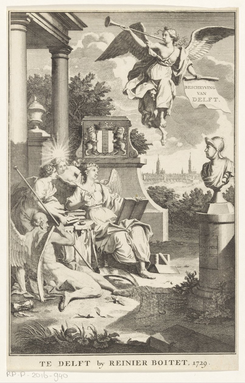 Alegoria Delft Opis Delft (tytuł na obiekcie) Strona tytułowa dla: S.n., Beschryving der stadt Delft, 1729 autorstwa Anonymous
