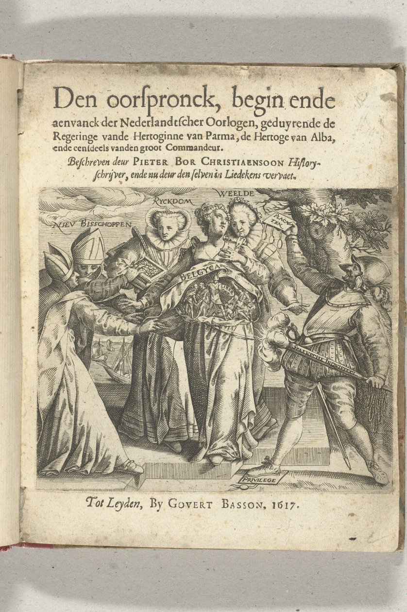Alegoryczna karta tytułowa w: Pieter Christiaansz Bor, Den Oorspronck, Początek i koniec wojen holenderskich, 1617 autorstwa Anonymous