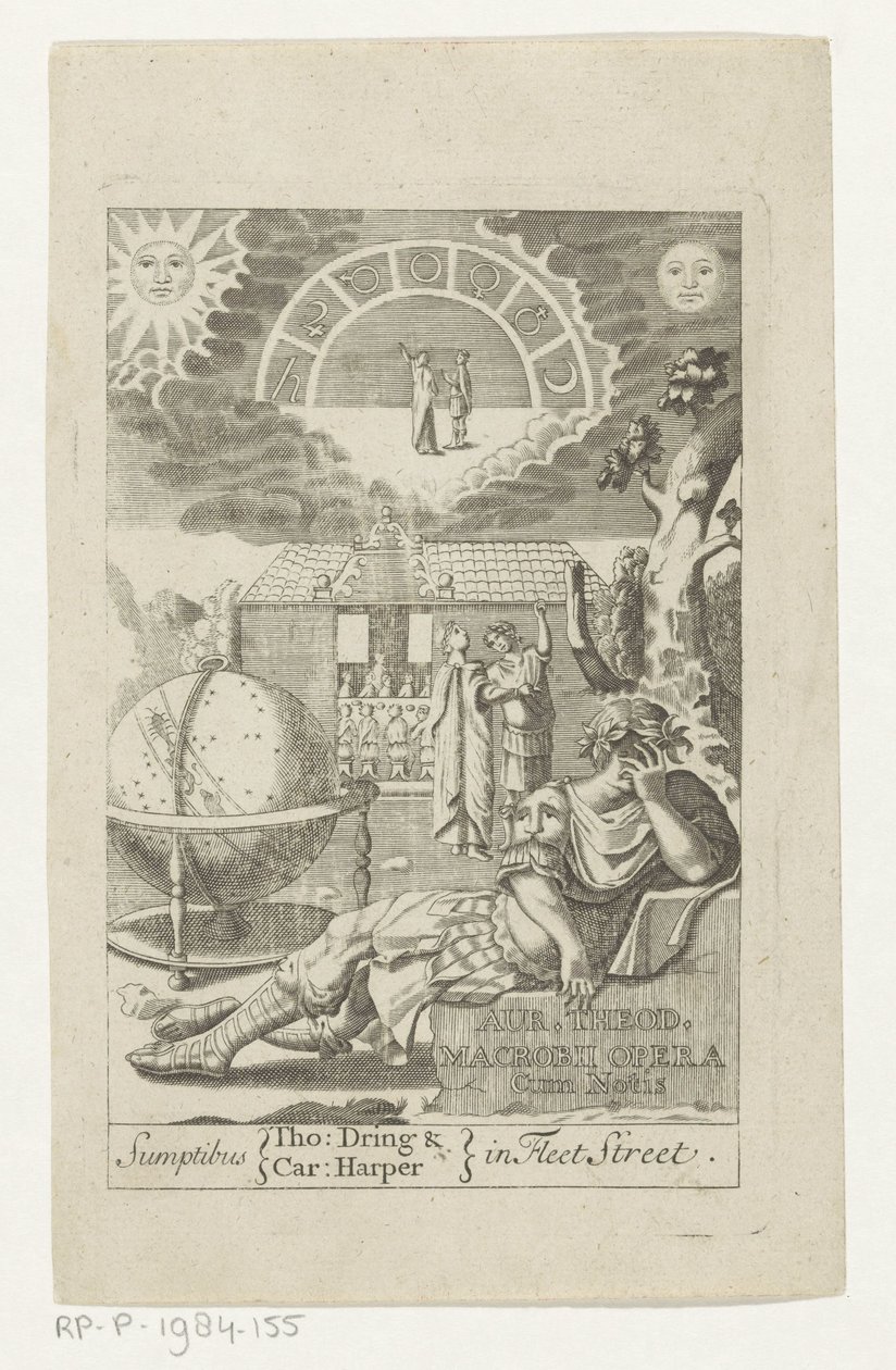 Ambrosius Theodosius Macrobius leunend op steen naast globe Złoto Teod. Macrobius Opera Cum Notis (tytuł na obiekcie) Titelpagina voor: Ambrosius Theodosius Macrobius, Aur. Teodozjusz Makrobiusz V. Cl. i dzieła wybitne, 1694 autorstwa Anonymous