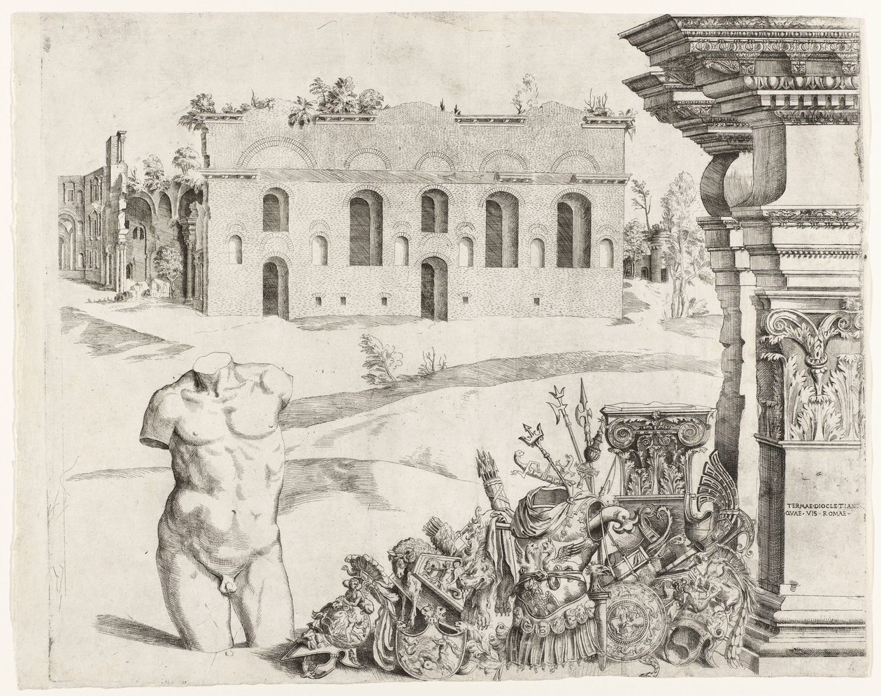 Architektura capriccio ze spolią, męskim torsem i widokiem na Termy Dioklecjana autorstwa Anonymous