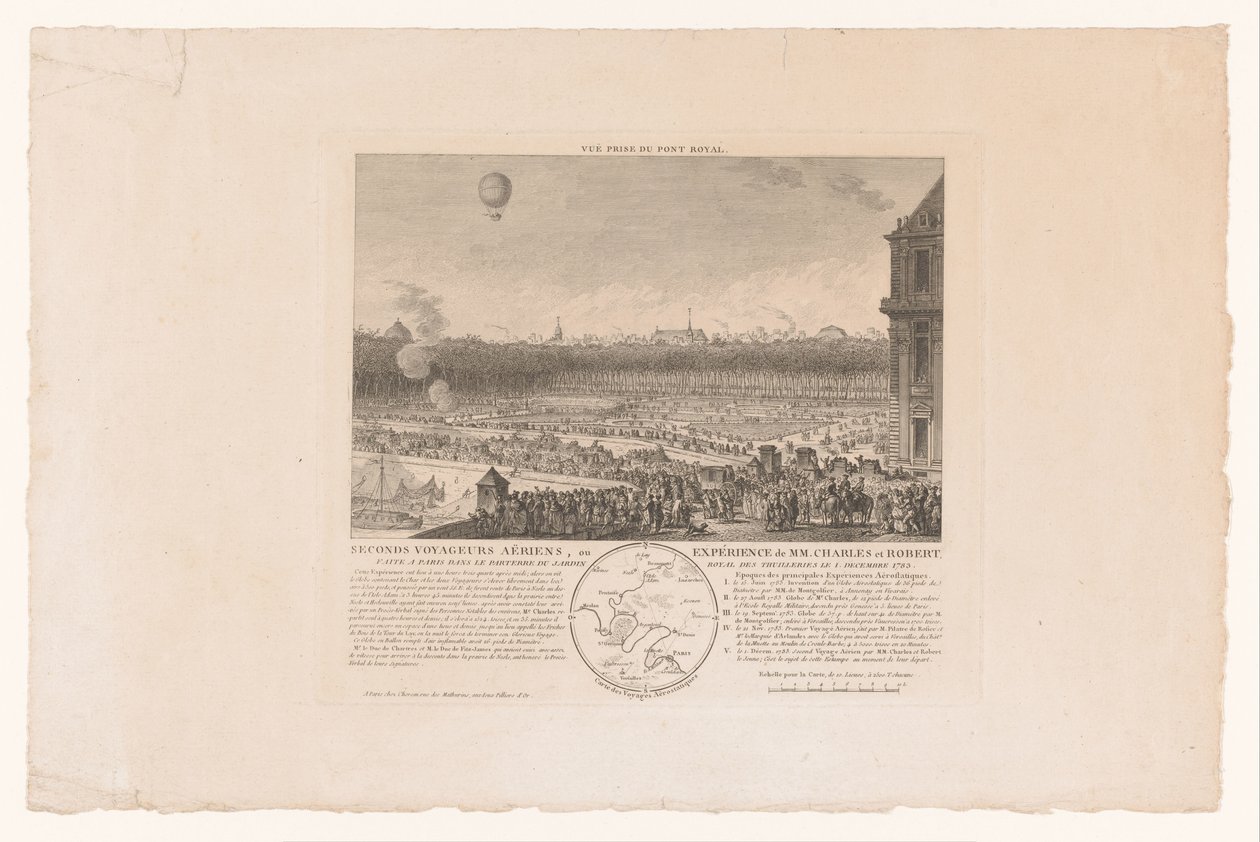 Ballonvlucht door de heren Charles en Robert van Parijs naar Beaumont, gezien vanaf de Tuilleriën, 1 grudnia 1783 Second Air Travelers, czyli doświadczenie MM. Karola i Roberta, wykonane w Paryżu 1 grudnia w parterowym ogrodzie królewskim Tuilleries autorstwa Anonymous