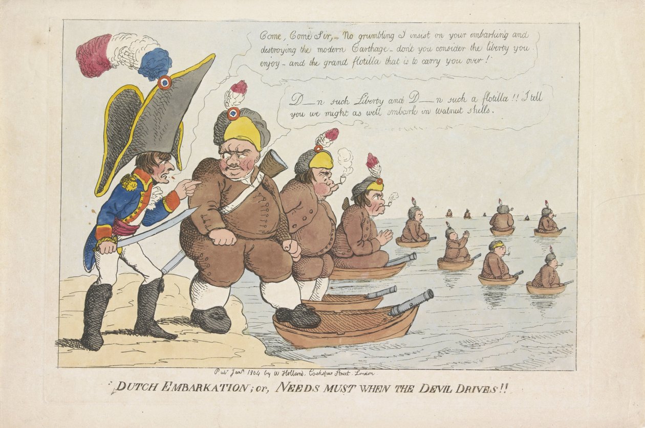 Bataafse vloot, 1804 Holenderski zaokrętowanie; lub Potrzeby muszą, gdy diabeł prowadzi!! (tytuł na obiekcie) autorstwa Anonymous