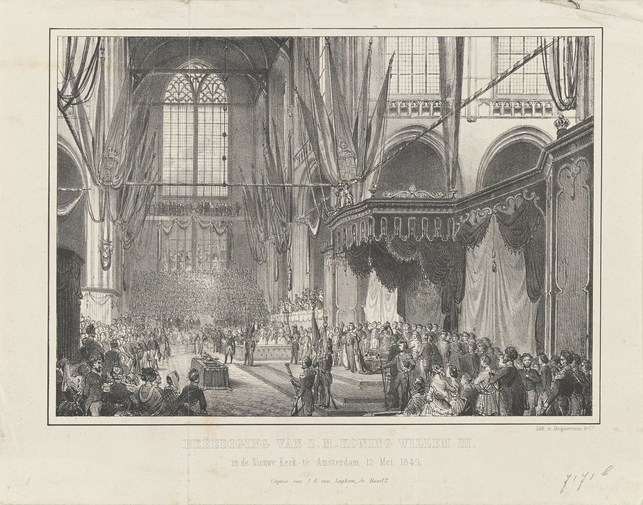 Zaprzysiężenie króla Wilhelma III. w Nieuwe Kerk w Amsterdamie 12 maja 1849 (tytuł na obiekcie) autorstwa Anonymous