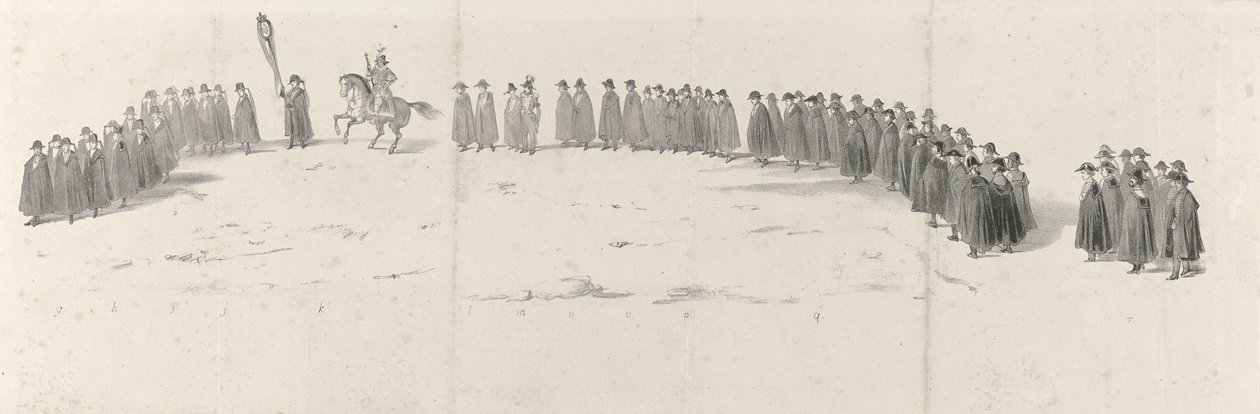 Pogrzeb zmarłego króla Willema II w Delft 4 kwietnia 1849 r. (strona 2) Pięć sąsiadujących ze sobą arkuszy konduktu pogrzebowego Wilhelma II w 1849 r. (tytuł serii) autorstwa Anonymous
