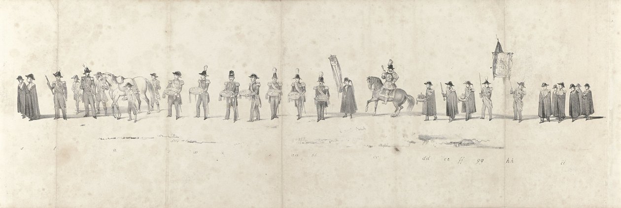 Pogrzeb zmarłego króla Willema II w Delft 4 kwietnia 1849 r. (strona 3) Pięć sąsiadujących ze sobą arkuszy konduktu pogrzebowego Wilhelma II w 1849 r. (tytuł serii) autorstwa Anonymous
