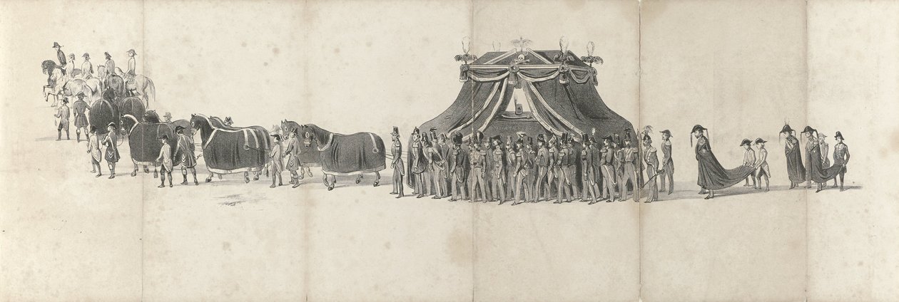 Pogrzeb zmarłego króla Willema II w Delft 4 kwietnia 1849 r. (strona 4) Pięć sąsiadujących ze sobą arkuszy konduktu pogrzebowego Wilhelma II w 1849 r. (tytuł serii) autorstwa Anonymous