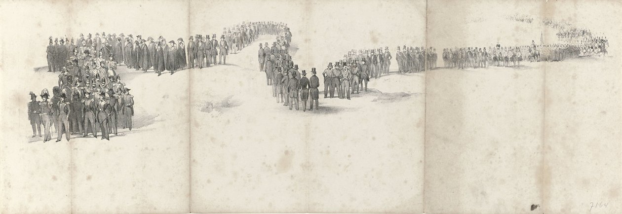 Pogrzeb zmarłego króla Willema II w Delft 4 kwietnia 1849 r. (strona 5) Pięć sąsiadujących ze sobą arkuszy konduktu pogrzebowego Wilhelma II w 1849 r. (tytuł serii) autorstwa Anonymous