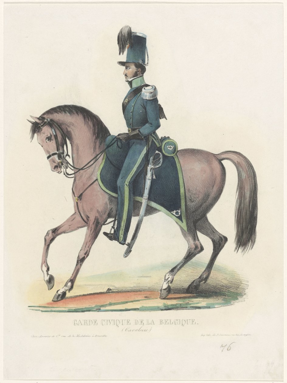 Belgijska strażniczka na koniu, 1830 Garde Civique de la Belgique (Kawaleria) (tytuł na obiekcie) autorstwa Anonymous