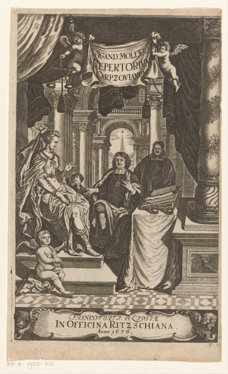 Benedikt Carpzov bij tronende koningin Repertuar Karpzowski Wiganda Mollera (tytuł na obiekcie) Tytuł strony voor: Wigand Möller, Repertorium rerum, verborum, et notablem, 1676 autorstwa Anonymous