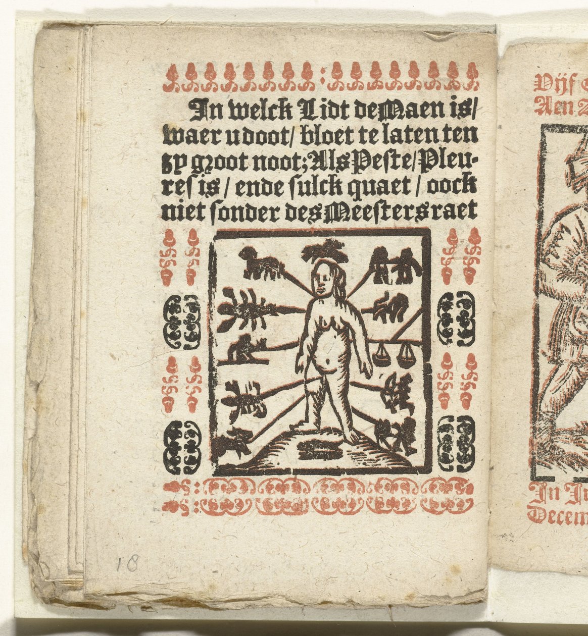 Strona z miejscami na ciele ludzkim do upuszczania krwi, 1712 W którym Lidt de Maen jest / gdzie umrzesz / zostaw nago, chyba że jest to wielka notatka; Als Peste / Pleures is / ende sulck quaet / oock niet sonder des Meestersraet (tytuł obiektu) autorstwa Anonymous
