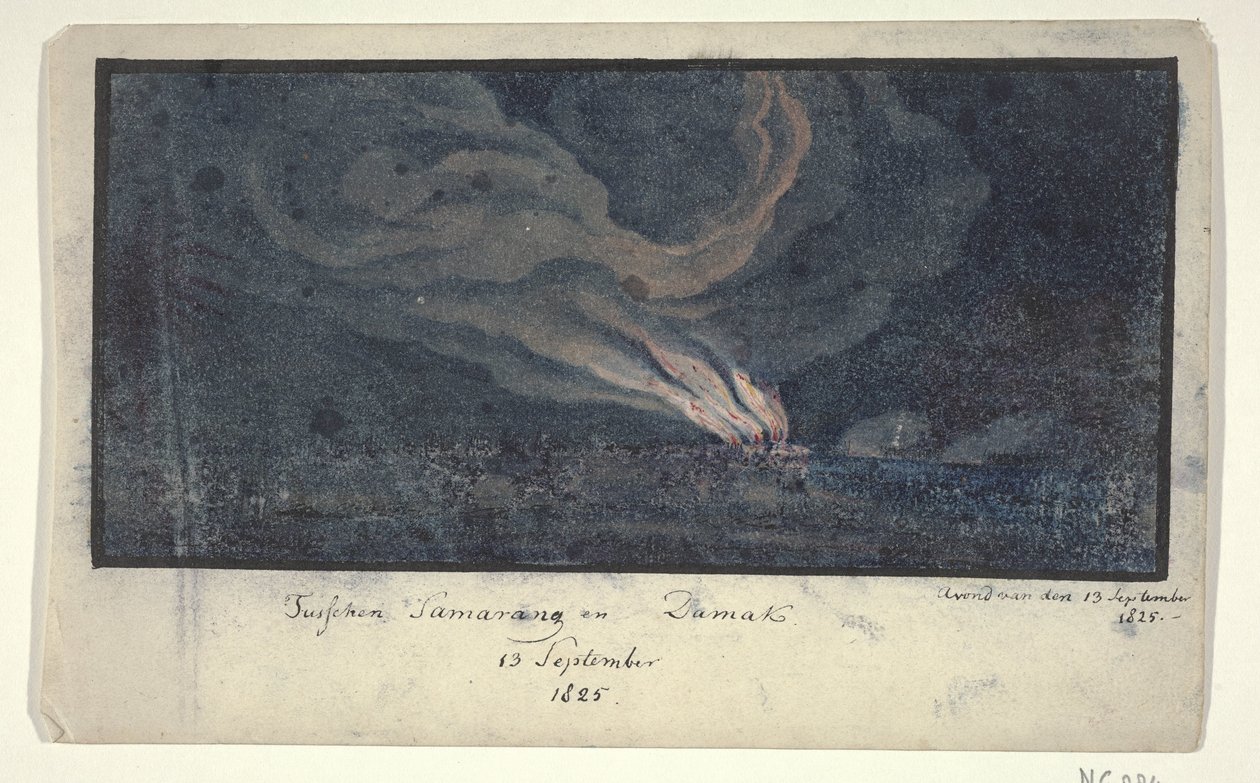Pożar w krajobrazie na Jawie Środkowej, 1825 Między Samarang a Damak / 13 września 1825 (tytuł na obiekcie) autorstwa Anonymous