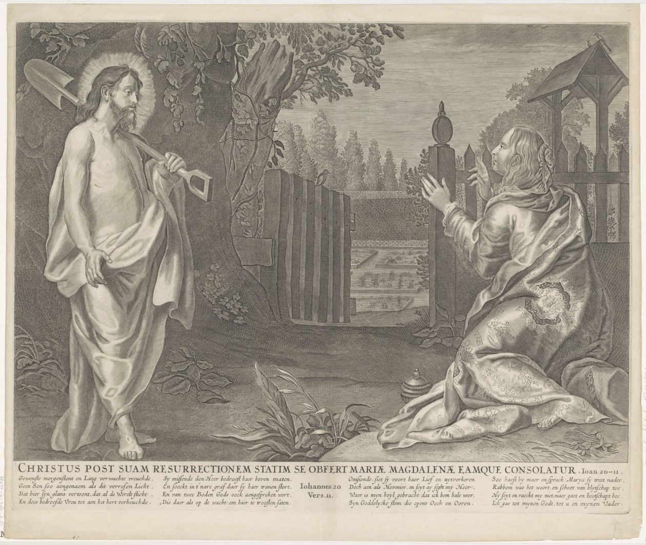 Christus verchicht als tuinman aan Maria Magdalena (Nie dotykaj mnie) Chrystus zaraz po zmartwychwstaniu przedstawia się Marii Magdalenie i pociesza ją (tytuł na przedmiocie) Royal Bijbel (tytuł serii) autorstwa Anonymous