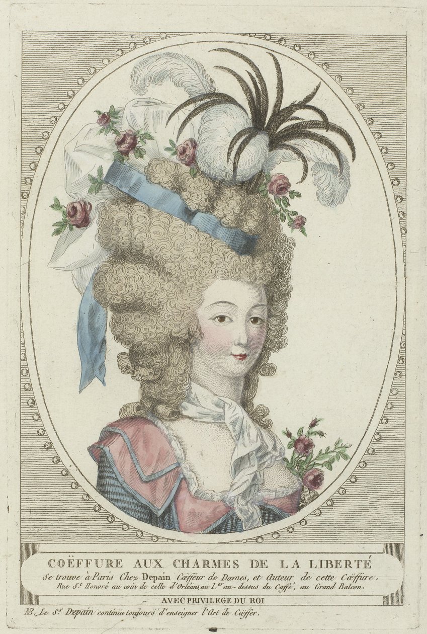 Fryzury, pufy, czapki i czepki: dwie fryzury autorstwa fryzjera Depain Fryzury Depain, ca. 1790: Coëffure z urokami wolności autorstwa Anonymous