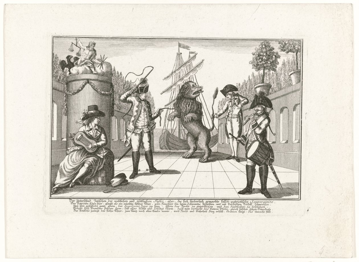 De Hollandse Leeuw autorstwa Pruisena, 1787 Różnica między sprawiedliwością świecką a boską, czyli wyśmiewaną suwerennością fałszywie patriotyczną (...) (tytuł na przedmiocie) autorstwa Anonymous