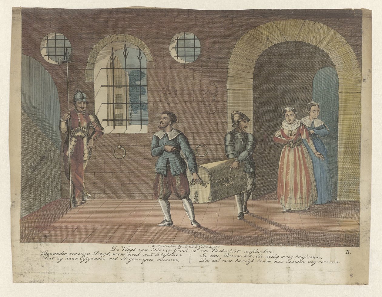 Skrzynia z książkami, w której ukryty jest Hugo de Groot, zostaje przewieziona do łodzi wiosłowej w zamku Loevestein, 1621 Hugo de Groot De Vlugt ukrywa się w biblioteczce (tytuł na obiekcie) autorstwa Anonymous