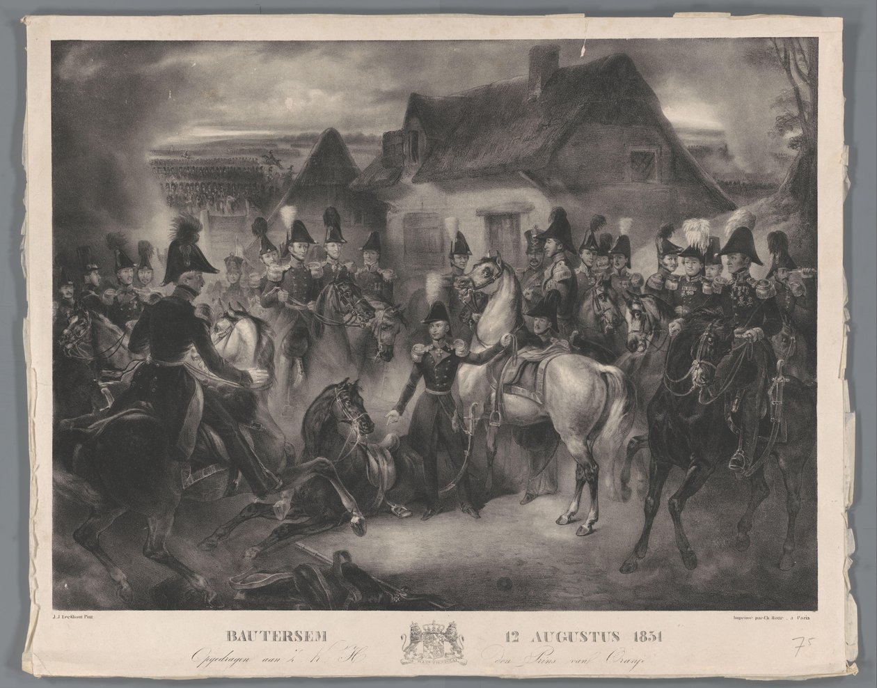 Wymiana rannego konia księcia Orańskiego (późniejszego króla Wilhelma II) podczas bitwy pod Boutersem, 12 sierpnia 1831 r. Bautersem 12 sierpnia 1831 (tytuł na obiekcie) autorstwa Anonymous