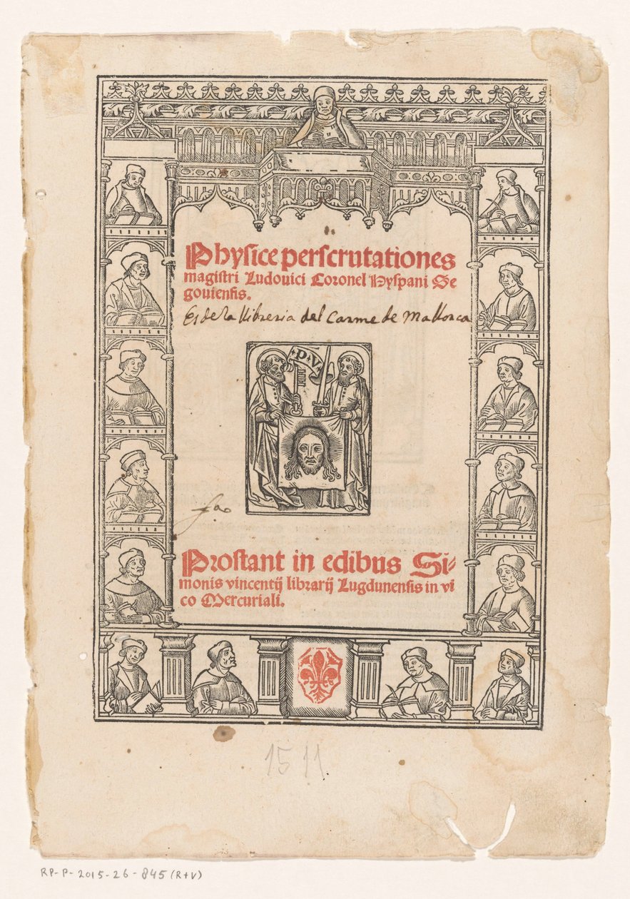 Ramka dekoracyjna z piętnastoma uczonymi Strona tytułowa za: Luis Coronel, Physice perscrutationes, 1511 autorstwa Anonymous