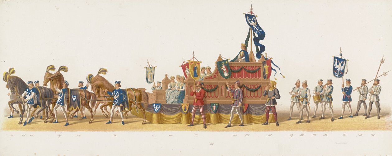 Procesja Delft z 1873 r. (ósma płyta) Procesja w kostiumach prowadzona przez członków Korpusu Studenckiego Delft w dniu 8 lipca 1873 roku, przedstawiająca wjazd Karela van Egmond, księcia Gelre, hrabiego Zutphen, do Arnhem w 1492 roku (seria autorstwa Anonymous