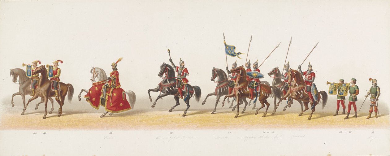 Procesja Delft z 1873 r. (trzecia płyta) Procesja w kostiumach prowadzona przez członków Korpusu Studenckiego Delft w dniu 8 lipca 1873 r., przedstawiająca wjazd księcia Gelre, księcia Gelre, hrabiego Zutphen, Karela van Egmonda, do Arnhem w 1492 r. (seria autorstwa Anonymous