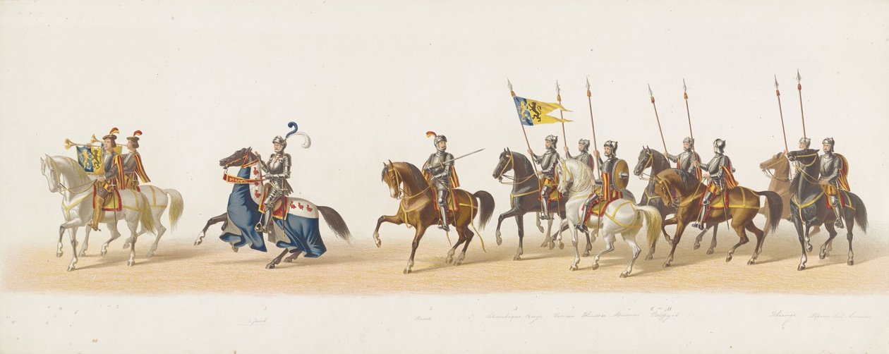 Procesja Delft z 1873 r. (pierwsza płyta) Procesja w kostiumach prowadzona przez członków Korpusu Studenckiego Delft w dniu 8 lipca 1873 r., przedstawiająca wjazd księcia Gelre, księcia Gelre, hrabiego Zutphen, Karela van Egmonda, do Arnhem w 1492 r. (seri autorstwa Anonymous