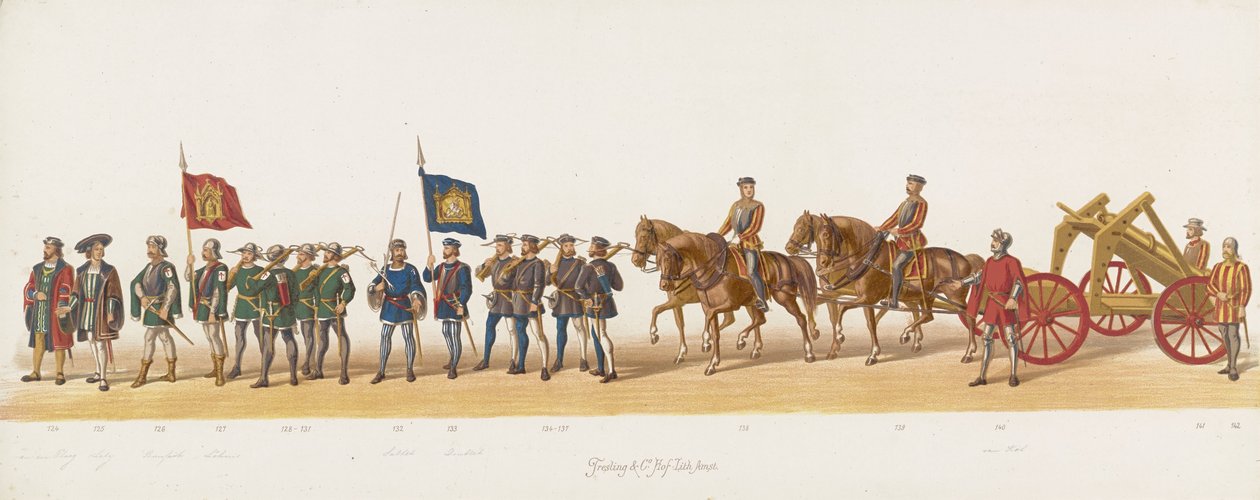 Procesja Delft z 1873 r. (dziewiąta płyta) Procesja w kostiumach prowadzona przez członków Korpusu Studenckiego Delft w dniu 8 lipca 1873 roku, przedstawiająca wjazd Karela van Egmond, księcia Gelre, hrabiego Zutphen, do Arnhem w 1492 roku (seria autorstwa Anonymous