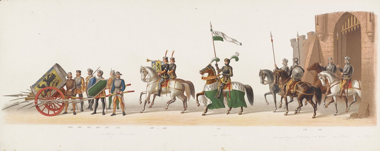 Procesja Delft z 1873 r. (dziesiąta płyta) Procesja w kostiumach prowadzona przez członków Korpusu Studenckiego Delft w dniu 8 lipca 1873 r., przedstawiająca wjazd księcia Gelre, księcia Gelre, hrabiego Zutphen, Karela van Egmonda, do Arnhem w 1492 r. (ser autorstwa Anonymous