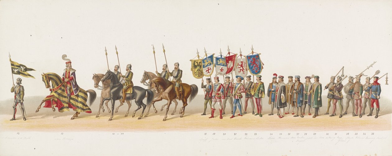 Procesja Delft z 1873 r. (druga płyta) Procesja w kostiumach prowadzona przez członków Korpusu Studenckiego Delft w dniu 8 lipca 1873 r., przedstawiająca wjazd księcia Gelre, księcia Gelre, hrabiego Zutphen, Karela van Egmonda, do Arnhem w 1492 r. (seria t autorstwa Anonymous