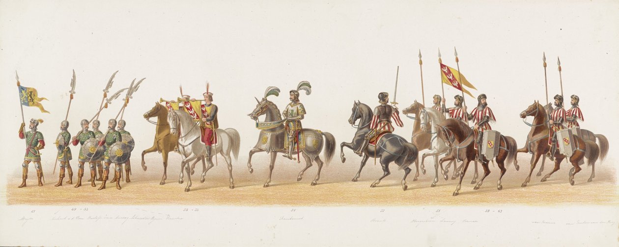 Procesja Delft z 1873 r. (czwarta płyta) Procesja w kostiumach prowadzona przez członków Korpusu Studenckiego Delft w dniu 8 lipca 1873 r., przedstawiająca wjazd księcia Gelre, księcia Gelre, hrabiego Zutphen, Karela van Egmonda, do Arnhem w 1492 r. (seria autorstwa Anonymous