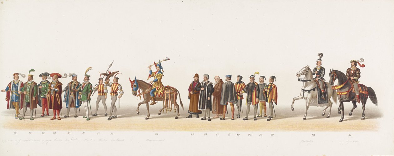 Procesja Delft z 1873 r. (szósta płyta) Procesja w kostiumach prowadzona przez członków Korpusu Studenckiego Delft w dniu 8 lipca 1873 r., przedstawiająca wjazd księcia Gelre, księcia Gelre, hrabiego Zutphen, Karela van Egmonda, do Arnhem w 1492 r. (seria  autorstwa Anonymous