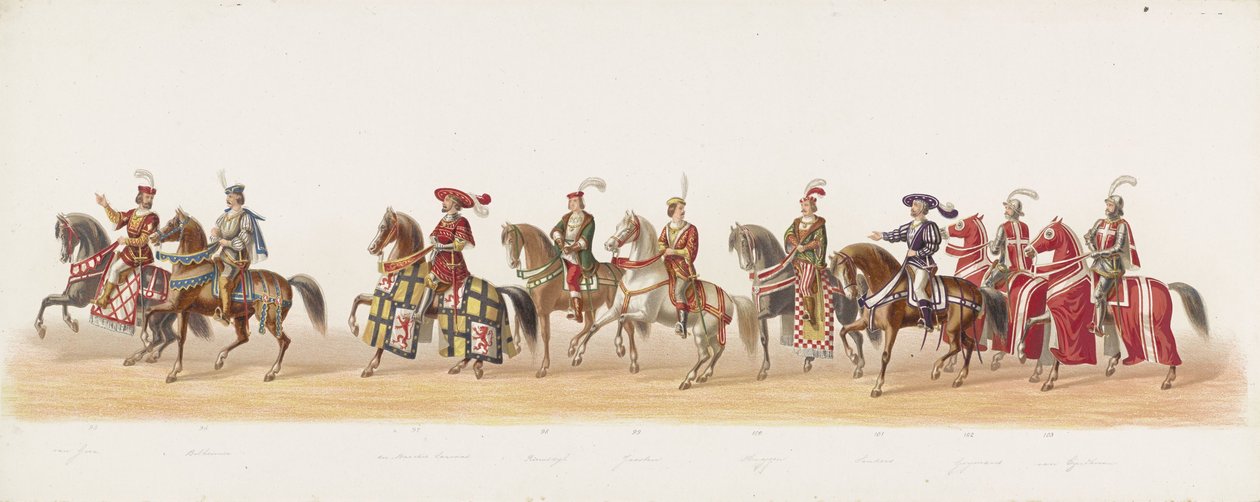 Procesja Delft z 1873 r. (siódma płyta) Procesja w kostiumach prowadzona przez członków Korpusu Studenckiego Delft w dniu 8 lipca 1873 roku, przedstawiająca wjazd Karela van Egmond, księcia Gelre, hrabiego Zutphen, do Arnhem w 1492 roku (seria autorstwa Anonymous