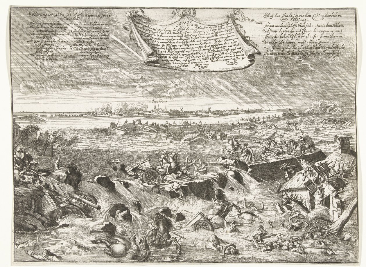 Dijkdoorbraak niedaleko Coevorden, 1673 Rysunek jak i w jakiej formie, dekretem biskupa Munster (...) (tytuł na obiekcie) autorstwa Anonymous