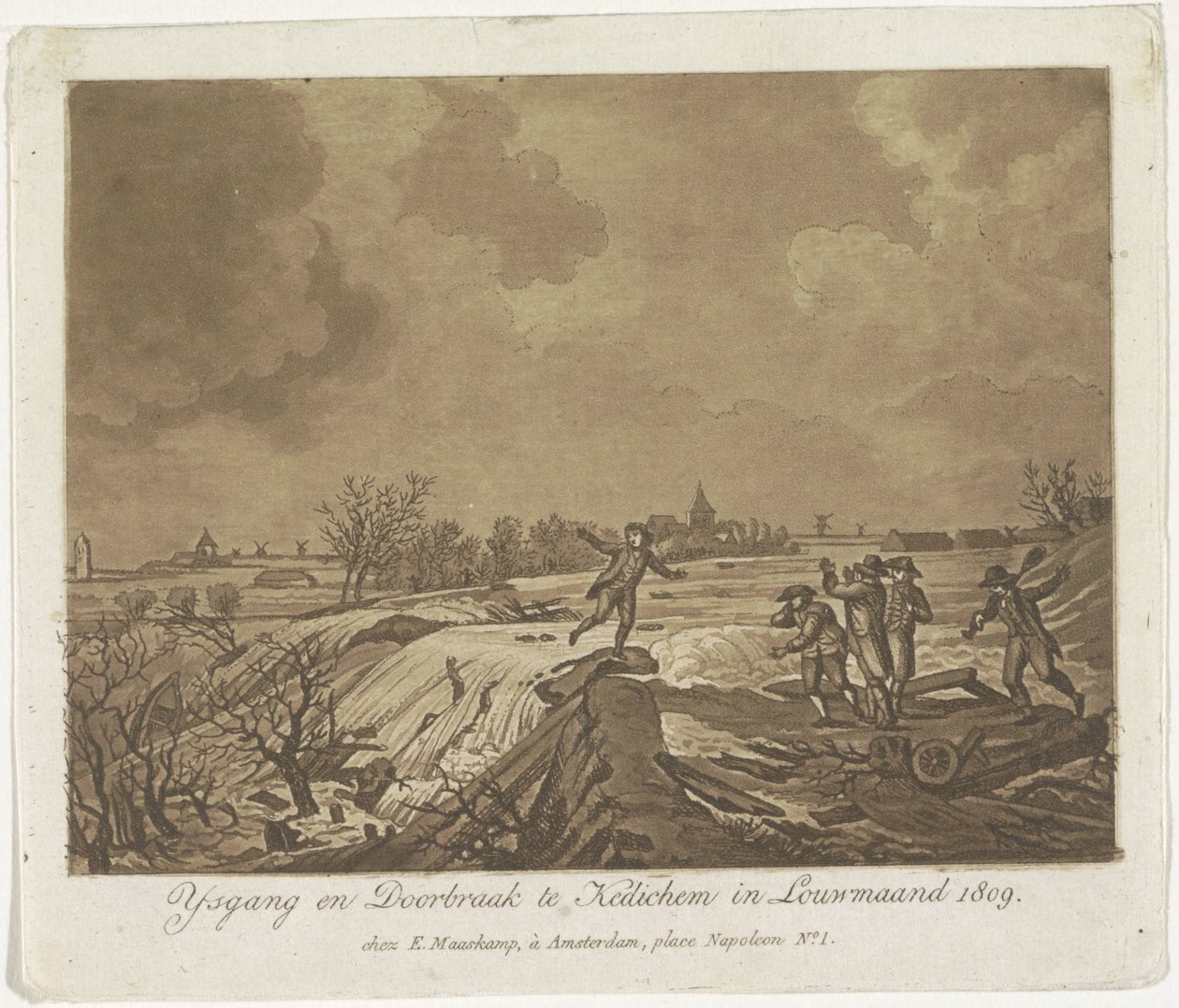 Przełamanie grobli w Kedichem, 1809 Ysgang i Doorbraak te Kedichem w Louwmaand 1809 (tytuł na obiekcie) autorstwa Anonymous
