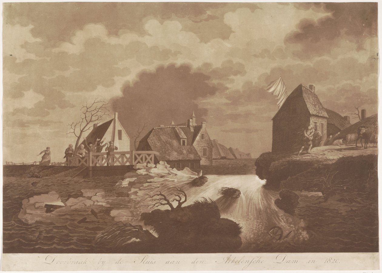 Przełom zapory Arkelse w pobliżu Gorinchem, 1820 Przełom przy zaporze Sluis aan den Arkelsche w 1820 roku (tytuł na obiekcie) autorstwa Anonymous