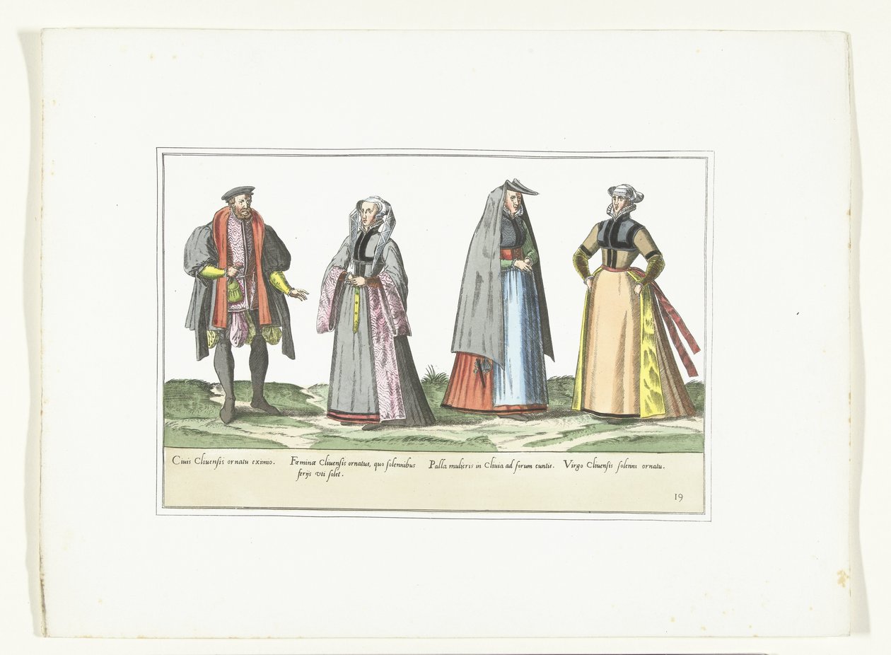 Trzy kobiety i mężczyzna ubrany w niemiecką modę, ok. 1580 Kostiumy Allemands (tytuł na obiekcie) autorstwa Anonymous
