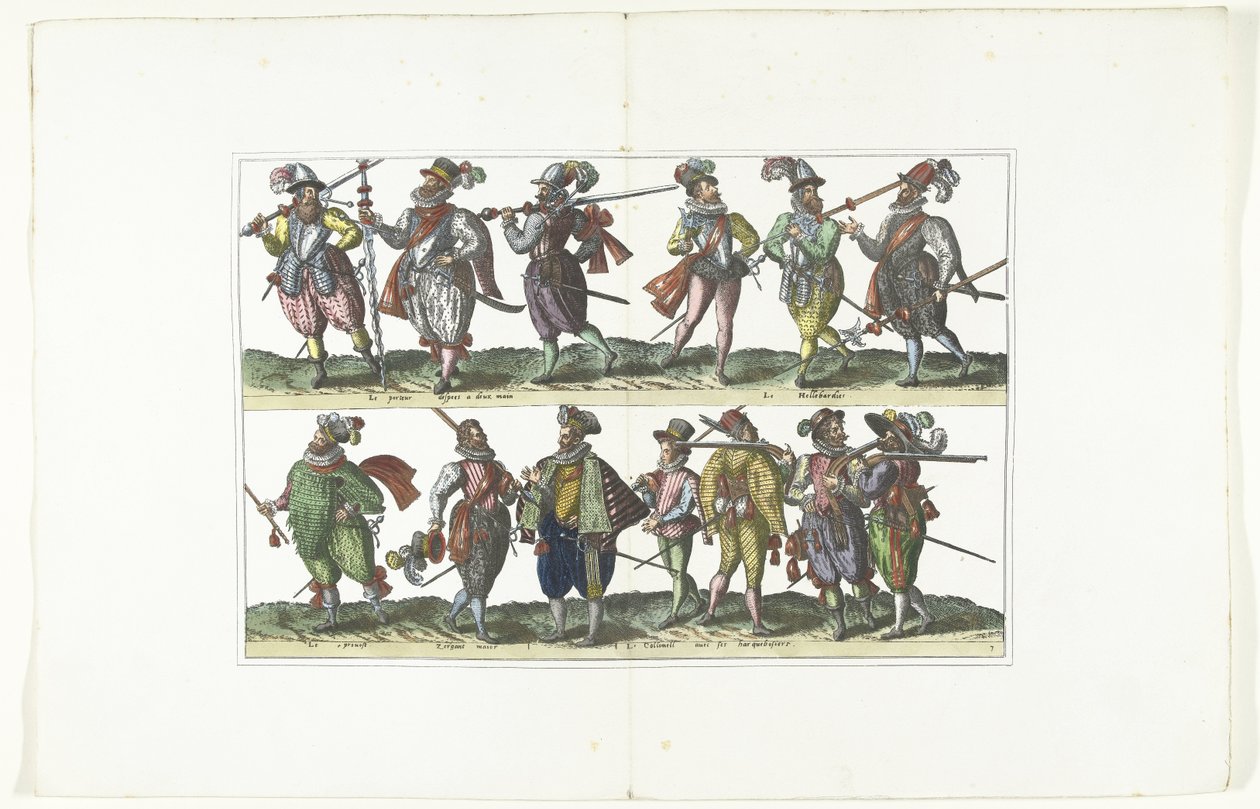 Podwójna płyta z trzynastoma uzbrojonymi cywilami w mundurach według mody w Antwerpii, ok. 1580 Bourgeois d