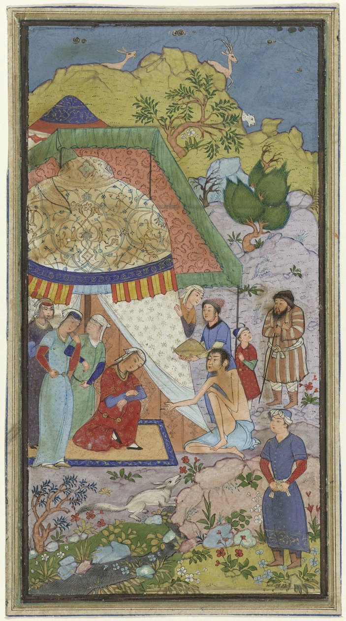 Odcinek z historii miłosnej Laili i Majnun, Majnun rozmawia z Lailą przed namiotem autorstwa Anonymous