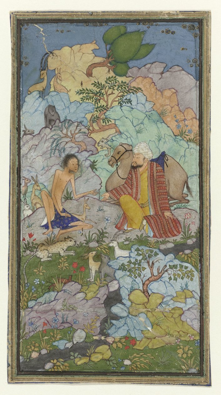 Odcinek z historii miłosnej Laili i Majnun, wychudzony Majnun siedzi w krajobrazie z mężczyzną i jego wielbłądem autorstwa Anonymous