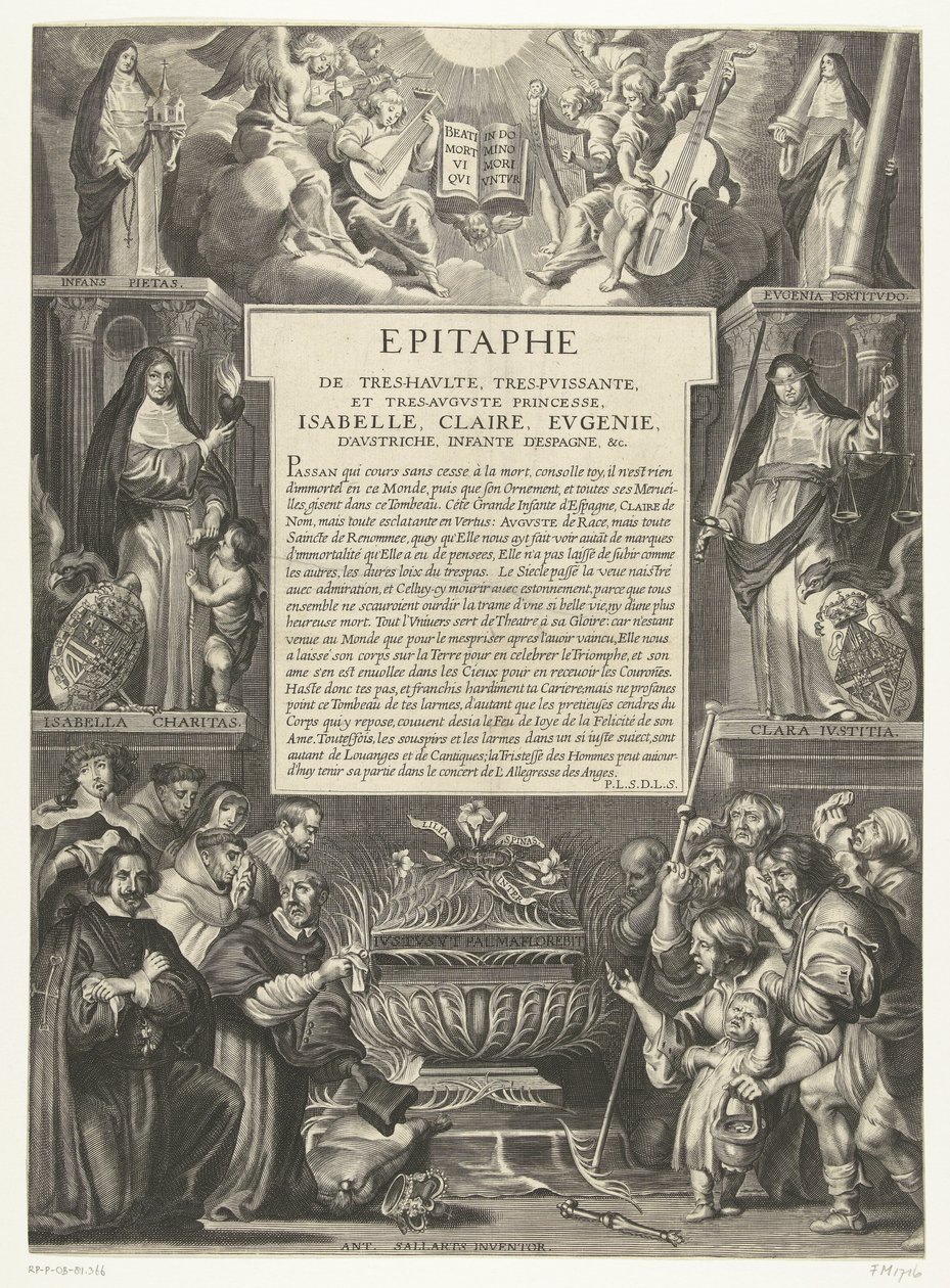 Epitaaf voor Isabella Clara Eugenia, 1633 Epitafium Najwyższej, Najpotężniejszej i Najdostojniejszej Księżniczki, Izabeli, Claire, Eugenii austriackiej, Infantki hiszpańskiej itd. (tytuł na obiekcie) autorstwa Anonymous
