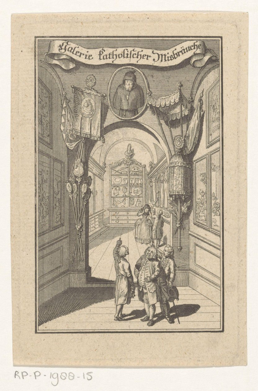 Figury w galerii spotkały się z portretem w obiektach liturgicznych Galeria nadużyć katolickich (tytuł na obiekcie) Okładka do: Joseph Richter, Galeria Obrazów Katolickich Przemocy, 1784 autorstwa Anonymous
