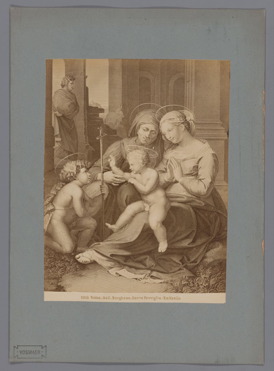 Reprodukcja fotograficzna ryciny po obrazie Święta Rodzina Rafaela Romowie. Żółć. Borghese. Sacra Familia. Raffaello (tytuł na obiekcie) autorstwa Anonymous