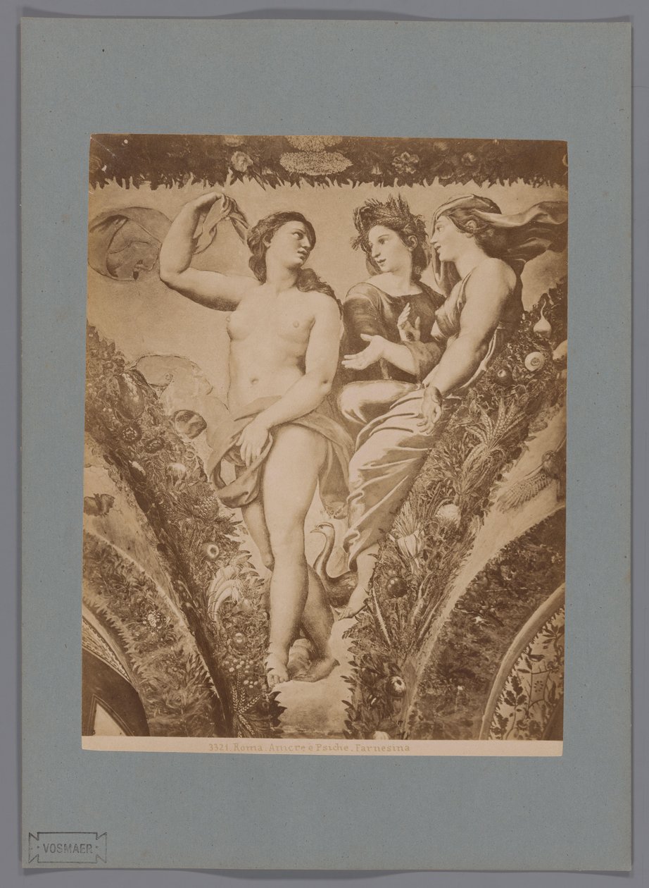 Fotoreproductie van het fresco Amor en Psyche in de Loggia di Psiche, Villa Farnesina te Rome Rzym. Amor i Psyche. Farnesina (tytuł na obiekcie) autorstwa Anonymous
