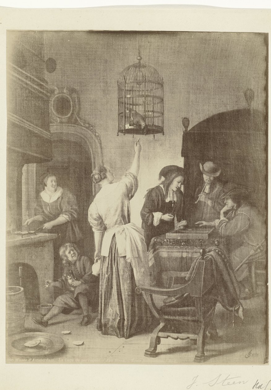 Reprodukcja fotograficzna obrazu Klatka dla papugi Jana Steen Muzeum Amsterdamu. La Cage du Perroquet - Jan Steen (tytuł na obiekcie) autorstwa Anonymous