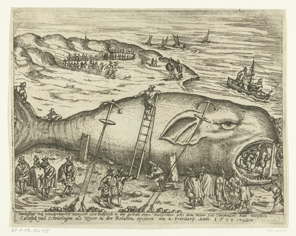 Stranded Walvis niedaleko Berckhey, 1598 Warhafttigh And Wonderful Monster lub Pottfisch w postaci wieloryba, z którego Möer zamulił się między Catwyck i Schevelingen jako Wyter w relacji ercleret 4 lutego Anno 1598 (tit. autorstwa Anonymous