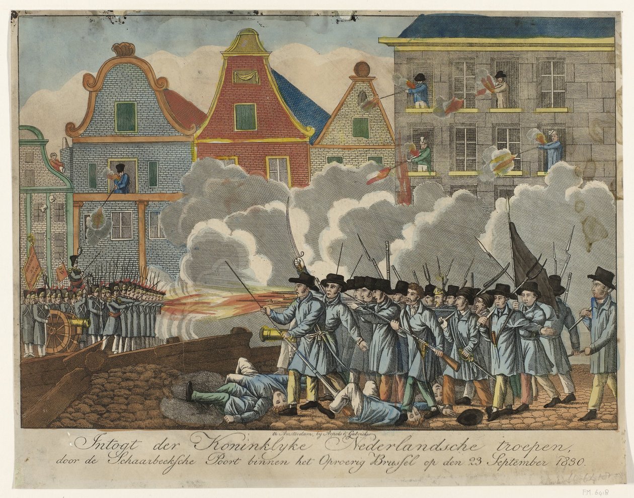 Walka w Schaerbeekse Poort w Brukseli, 1830 Intogt der Royal Dutch wojska, przez Schaerbeeksche Poort w ramach Zbuntowanej Brukseli w dniu 23 września 1830 r. (tytuł na obiekcie) autorstwa Anonymous