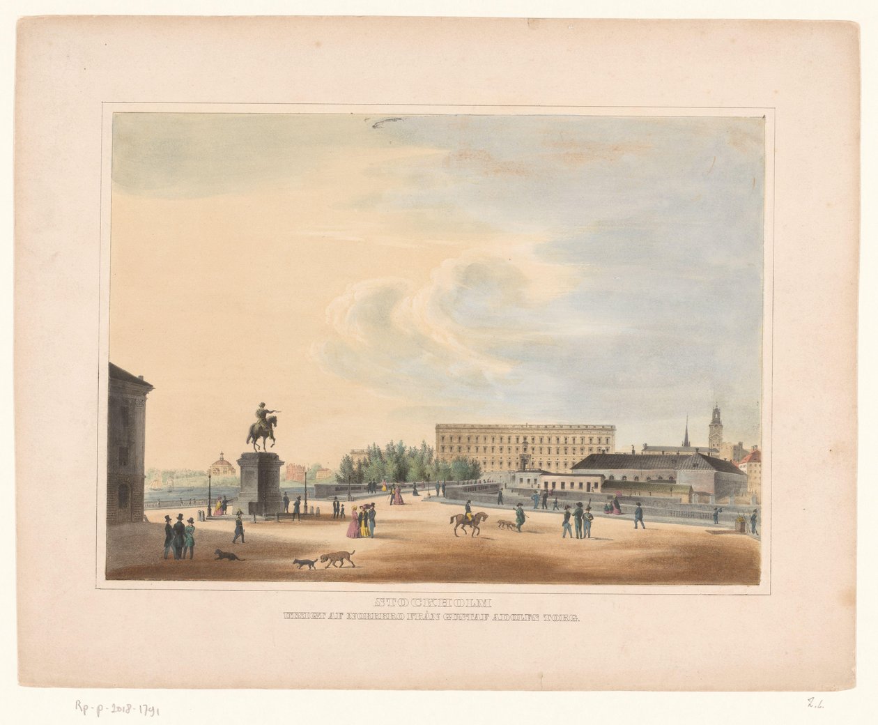 Gezicht op Gustav Adolfs torg, te Stockholm Sztokholm. Widok Norrbro z Gustaf Adolfs torg (tytuł na obiekcie) autorstwa Anonymous