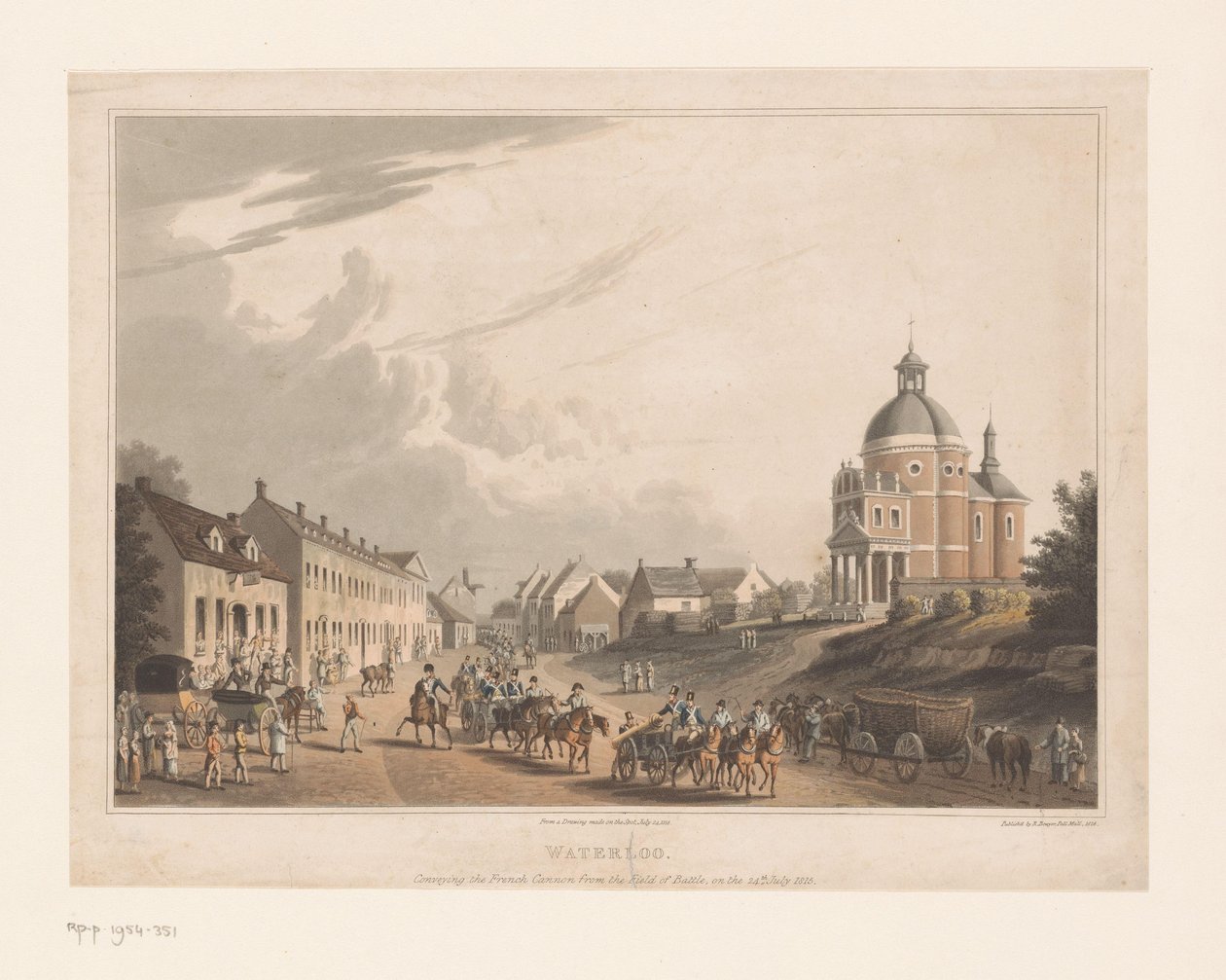 Widok na Waterloo, gdzie wojska francuskie poruszają armatą waterloo. Przeniesienie francuskiej armaty z pola bitwy, 24 lipca 1815 r. (tytuł na obiekcie) autorstwa Anonymous