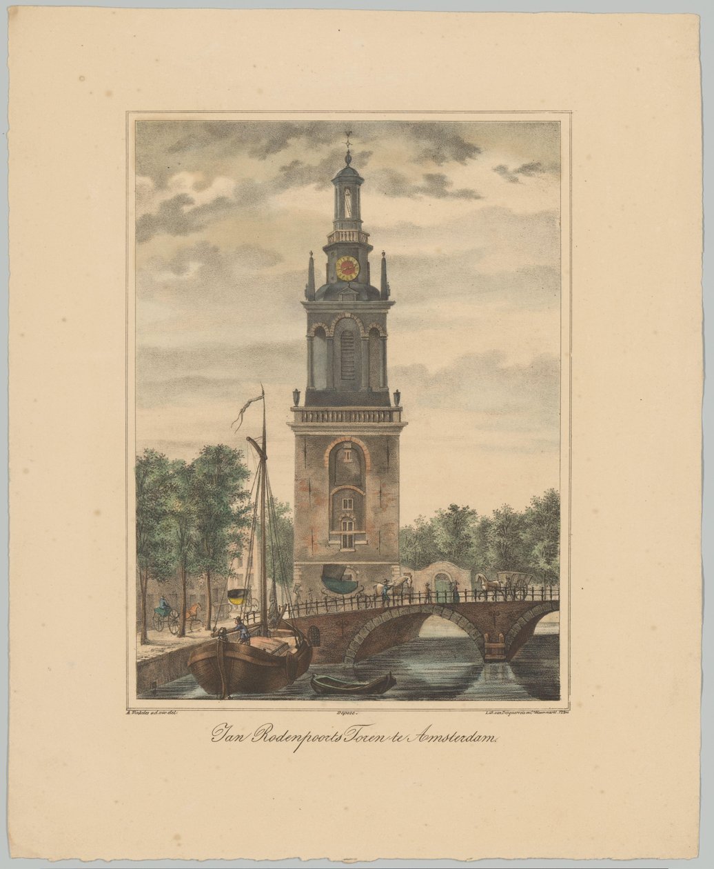 Widok na Jan Roodenpoortstoren w Amsterdamie Wieża Jana Rodenpoortsa w Amsterdamie (tytuł na obiekcie) Twarze sześciu głównych wież miasta Amsterdam. 2. Cahier (tytuł serii) autorstwa Anonymous