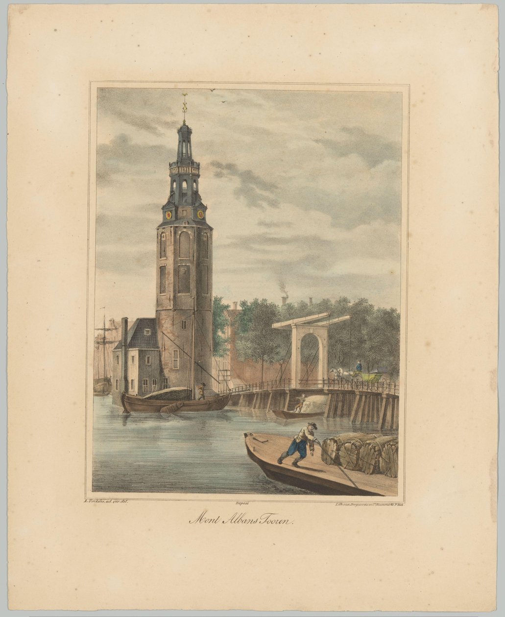 Widok na Montelbaanstoren w Amsterdamie Mont Albans Tooren (tytuł na obiekcie) Twarze sześciu głównych wież miasta Amsterdam. 2. Cahier (tytuł serii) autorstwa Anonymous